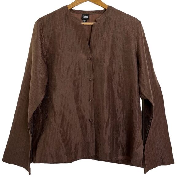 Eileen Fisher Jacket Large Lagenlook Silk Cotton Mandarin Collar Layer Top Brown - Picture 1 of 8